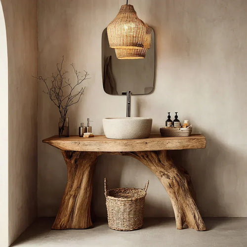 Natural Solid Wood Bathroom Vanity with Sculpted Root Base - Woodenecho