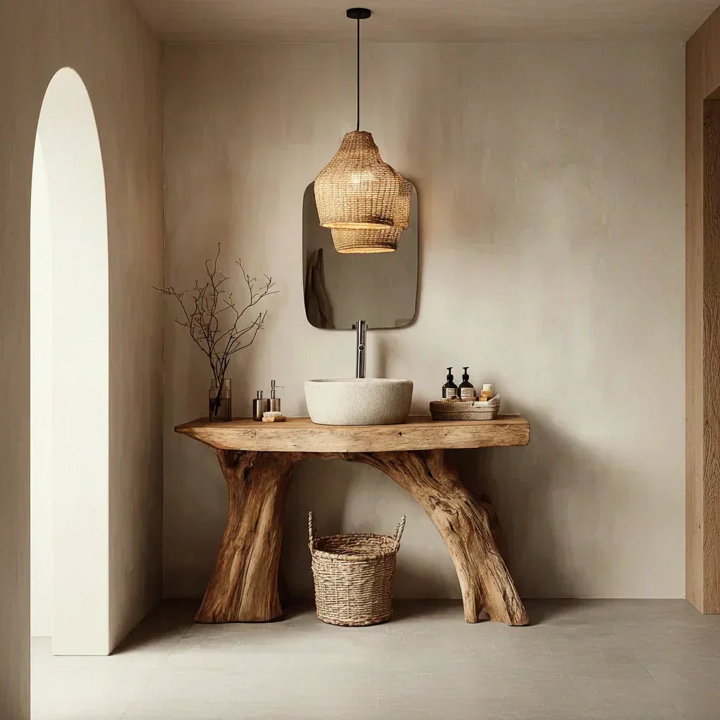 Natural Solid Wood Bathroom Vanity with Sculpted Root Base - Woodenecho