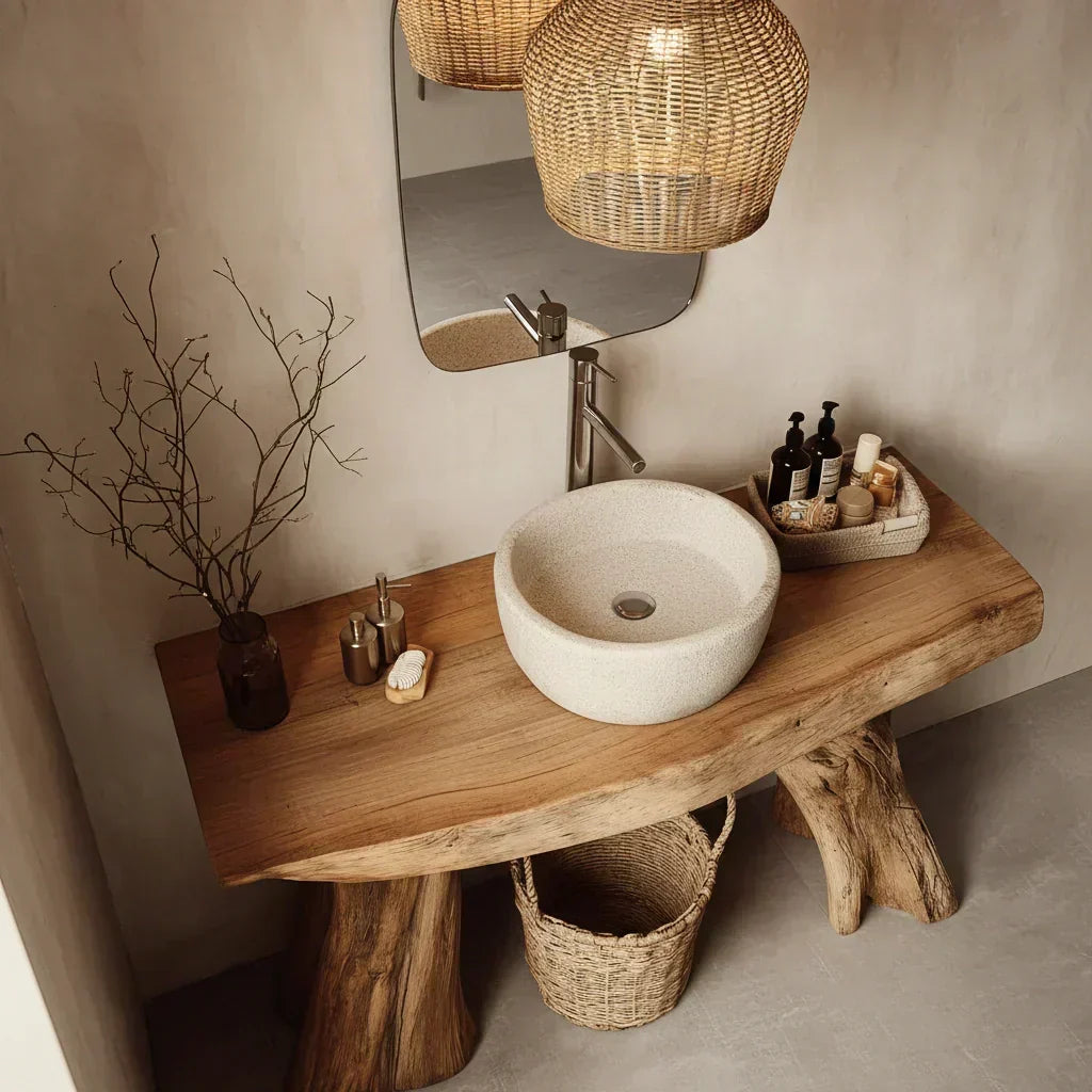 Natural Solid Wood Bathroom Vanity with Sculpted Root Base - Woodenecho
