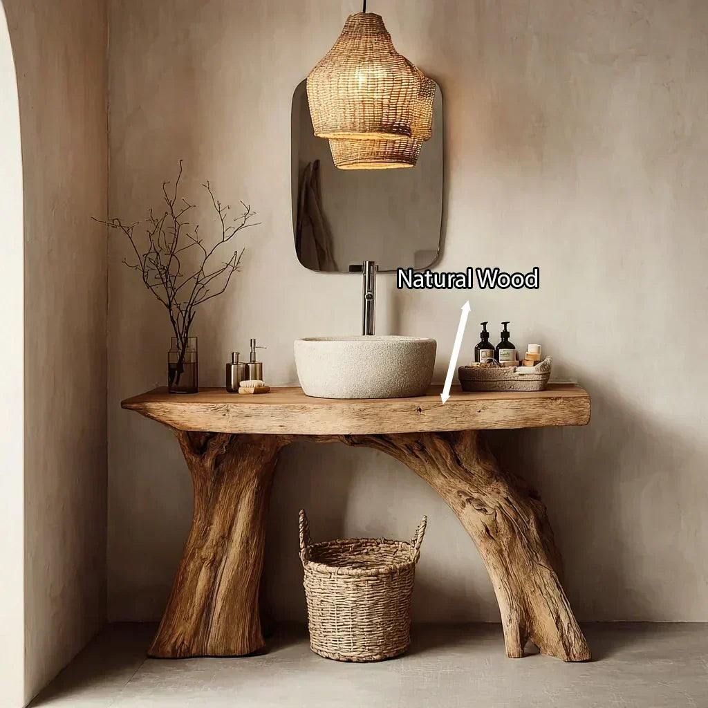 Natural Solid Wood Bathroom Vanity with Sculpted Root Base - Woodenecho