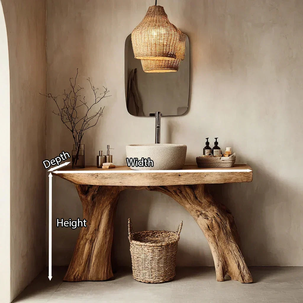 Natural Solid Wood Bathroom Vanity with Sculpted Root Base - Woodenecho