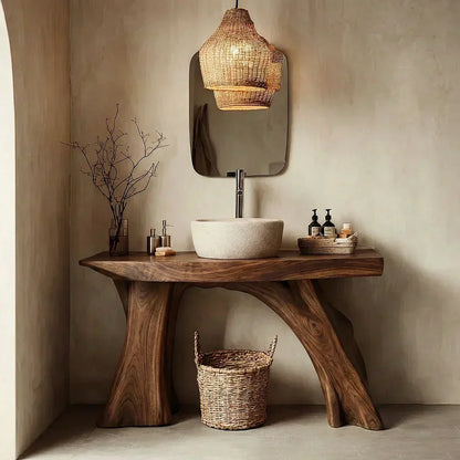 Natural Solid Wood Bathroom Vanity with Sculpted Root Base - Woodenecho