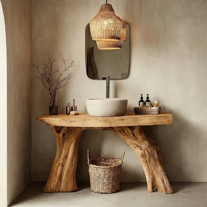 Natural Solid Wood Bathroom Vanity with Sculpted Root Base - Woodenecho