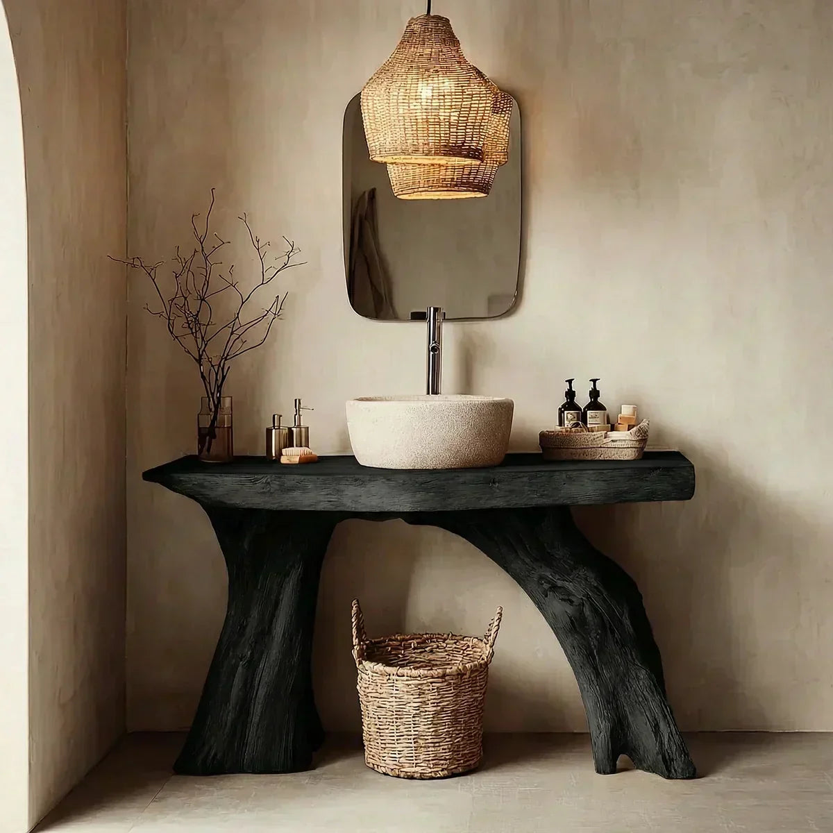 Natural Solid Wood Bathroom Vanity with Sculpted Root Base - Woodenecho