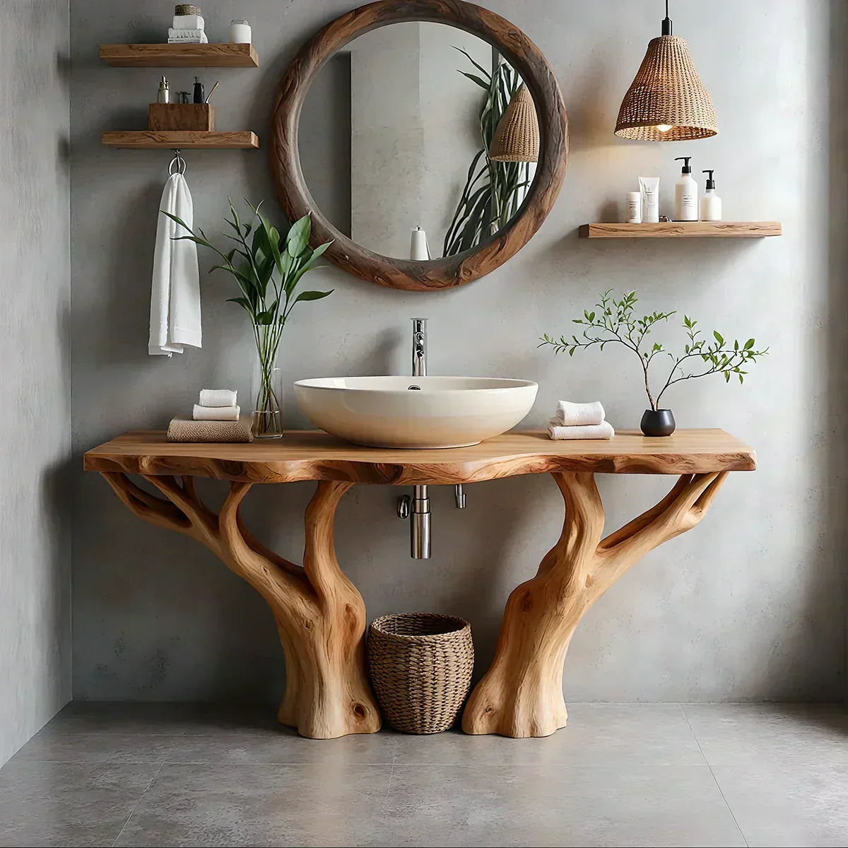 Natural Solid Wood Bathroom Vanity with Tree-Form Base - Woodenecho