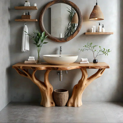 Natural Solid Wood Bathroom Vanity with Tree-Form Base - Woodenecho