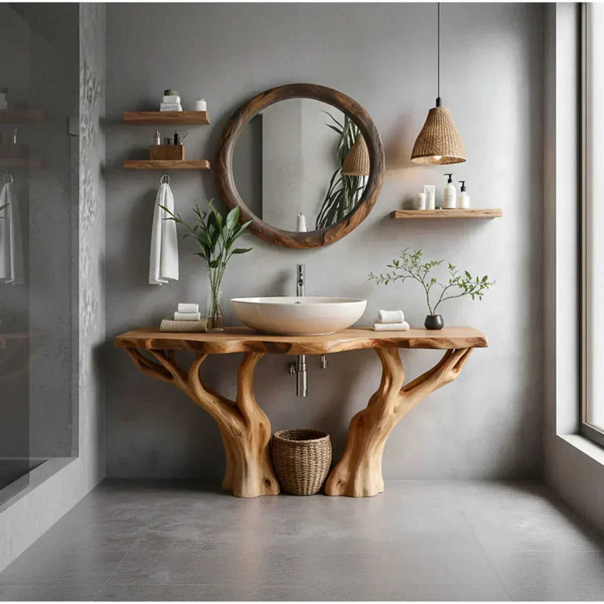Natural Solid Wood Bathroom Vanity with Tree-Form Base - Woodenecho