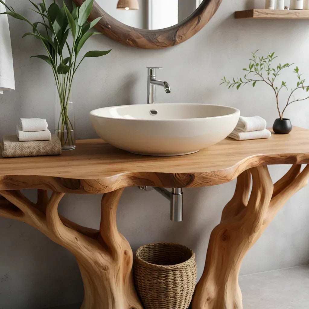 Natural Solid Wood Bathroom Vanity with Tree-Form Base - Woodenecho