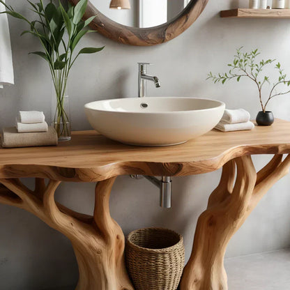 Natural Solid Wood Bathroom Vanity with Tree-Form Base - Woodenecho