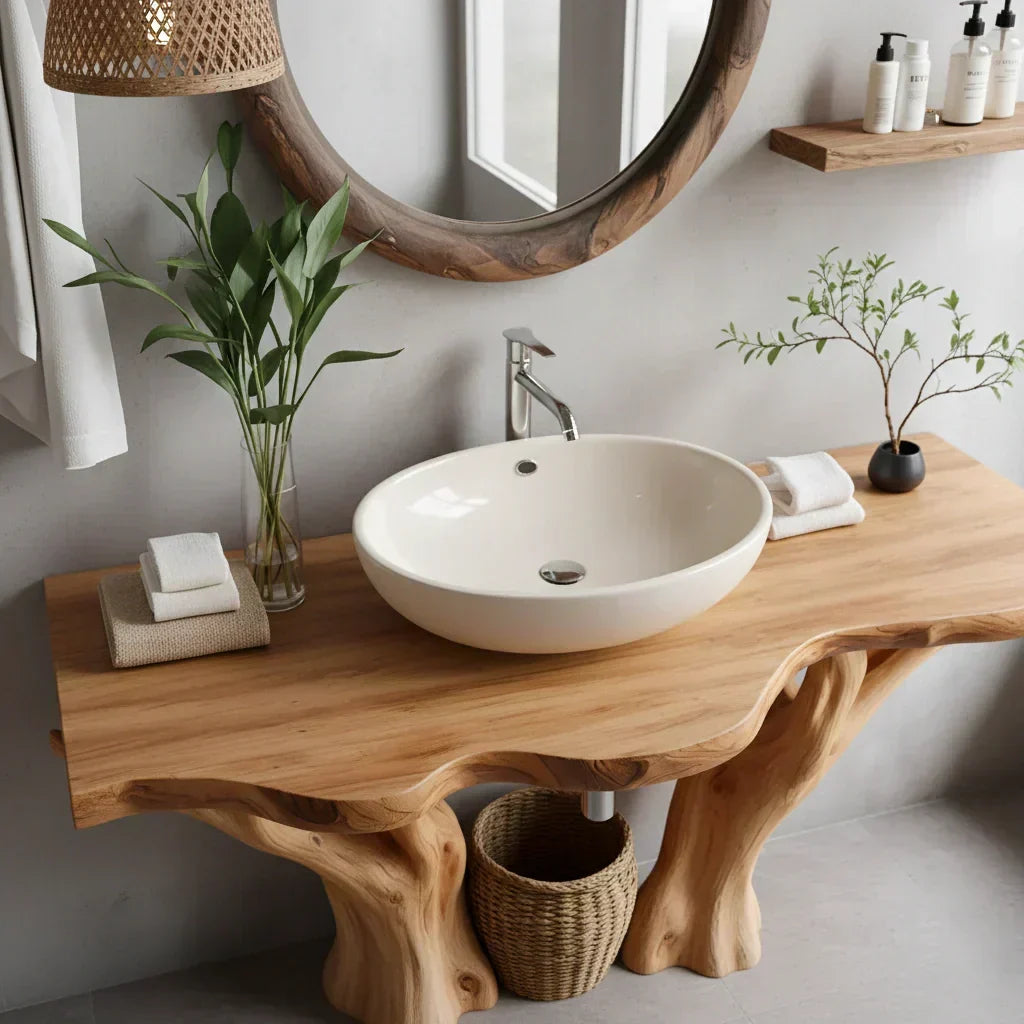 Natural Solid Wood Bathroom Vanity with Tree-Form Base - Woodenecho
