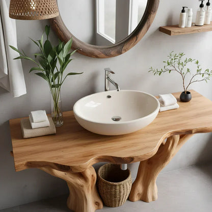 Natural Solid Wood Bathroom Vanity with Tree-Form Base - Woodenecho