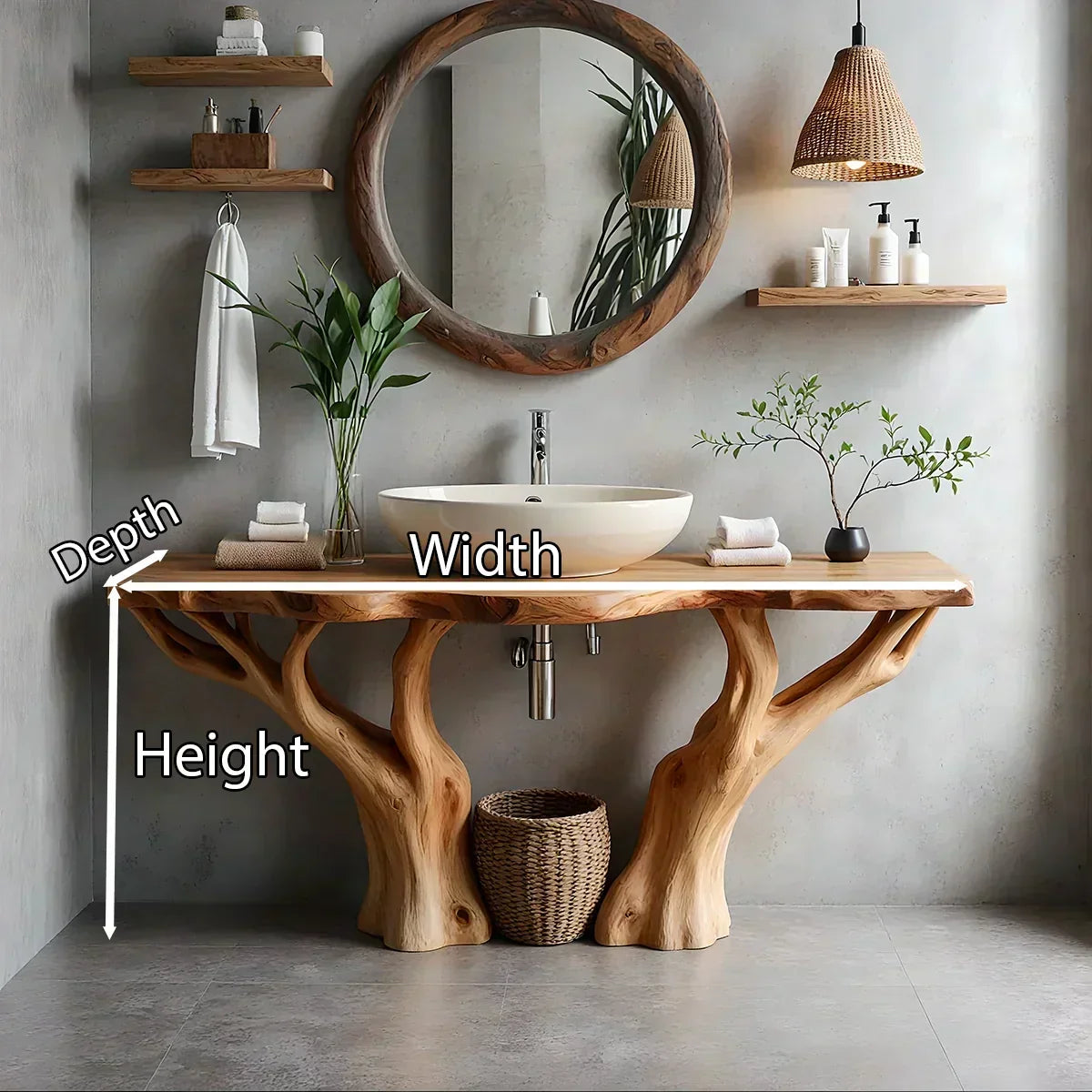 Natural Solid Wood Bathroom Vanity with Tree-Form Base - Woodenecho