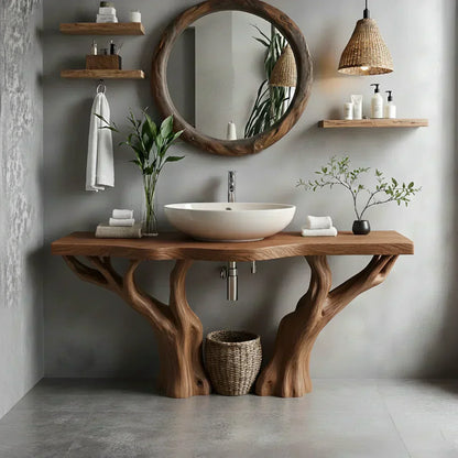 Natural Solid Wood Bathroom Vanity with Tree-Form Base - Woodenecho