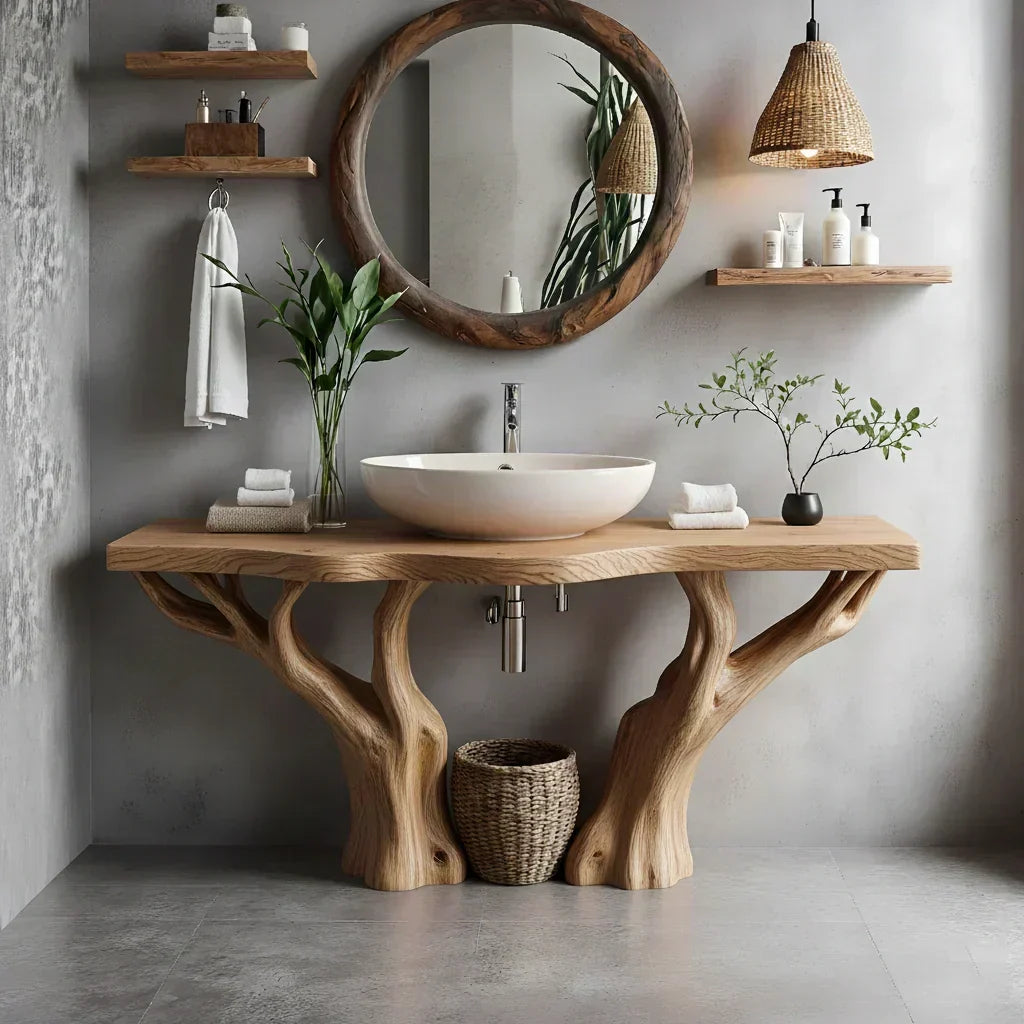 Natural Solid Wood Bathroom Vanity with Tree-Form Base - Woodenecho