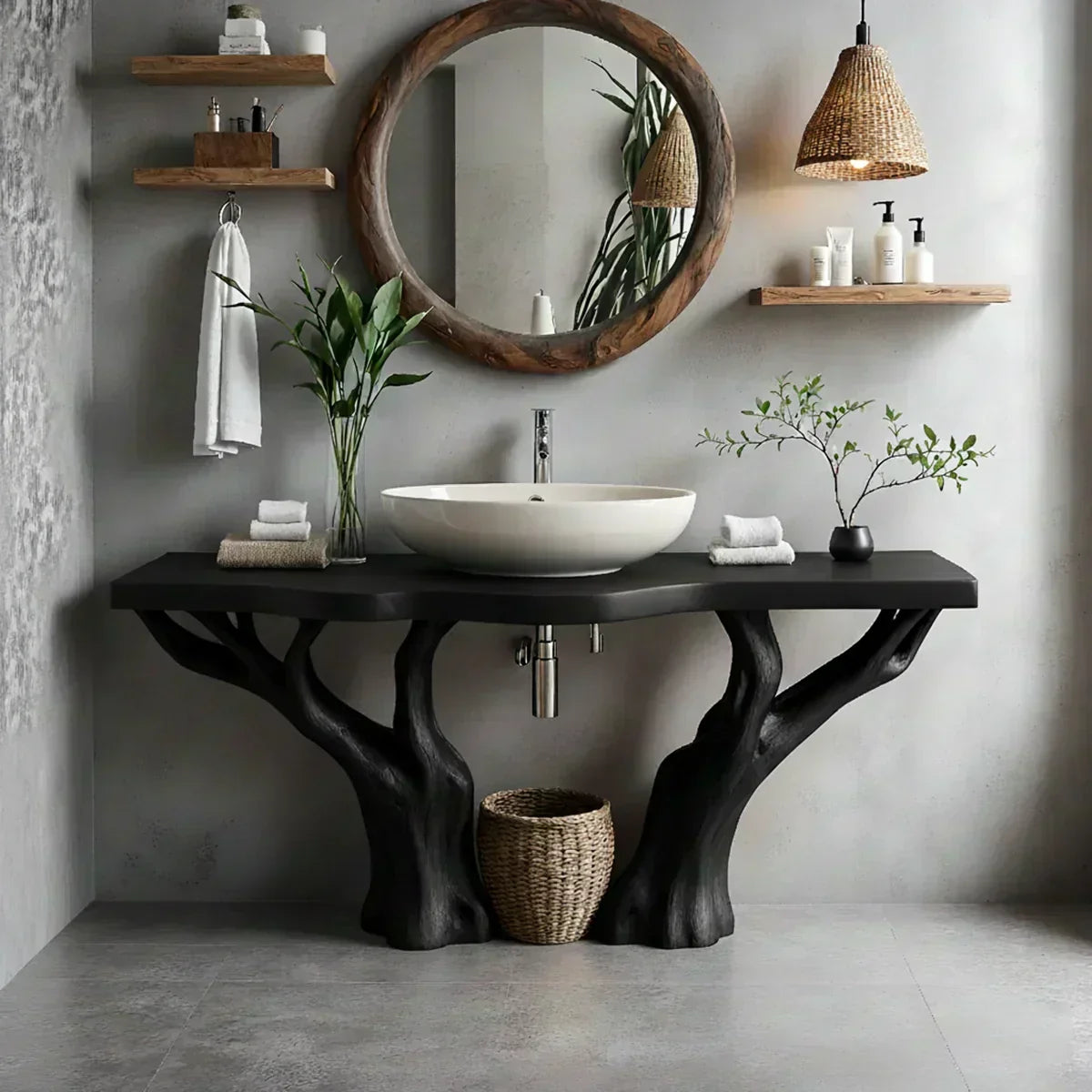 Natural Solid Wood Bathroom Vanity with Tree-Form Base - Woodenecho