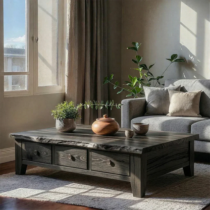 Natural Solid Wood Coffee Table with Drawers – Walnut Finish Japandi Low Storage Table - Rustirawood
