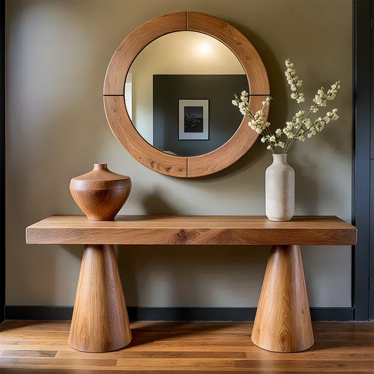 Natural Solid Wood Console with Tapered Sculptural Bases – Modern Japandi - Woodenecho