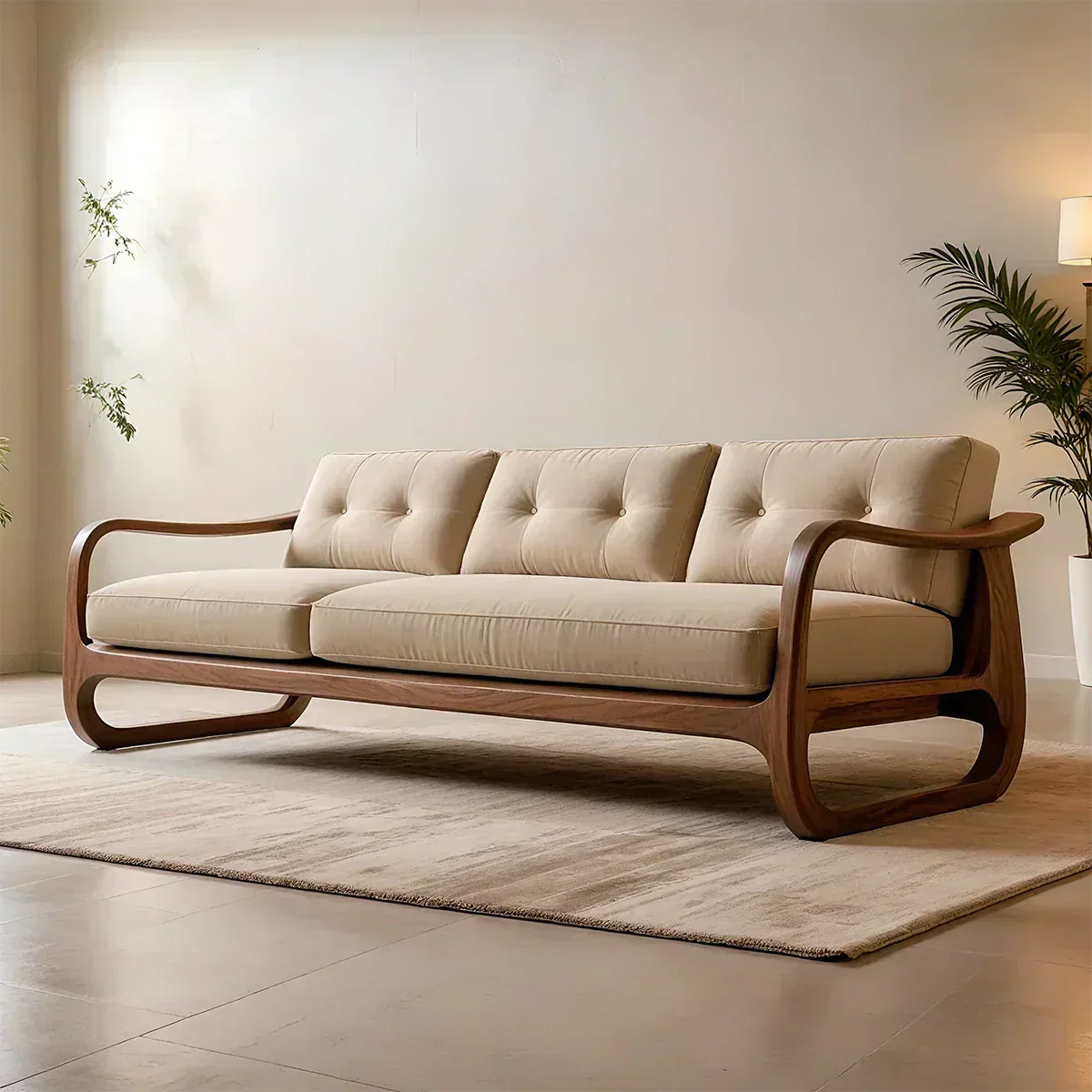 Natural Solid Wood Cotton Sofa – Handcrafted Minimalist Rustic Style - Woodenecho
