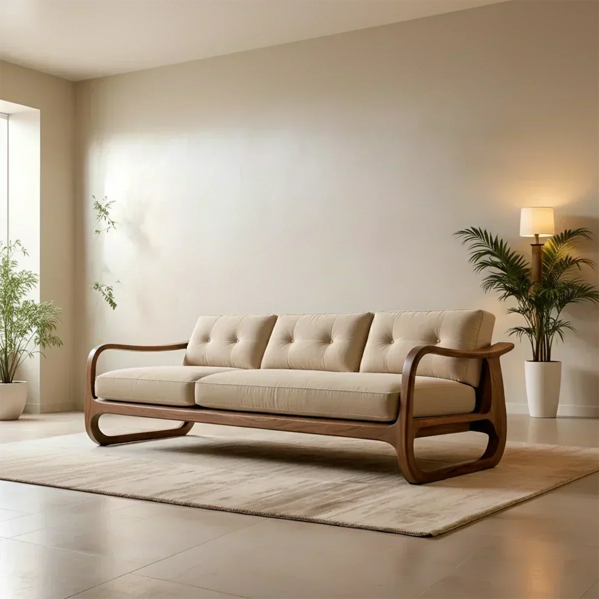 Natural Solid Wood Cotton Sofa – Handcrafted Minimalist Rustic Style - Woodenecho