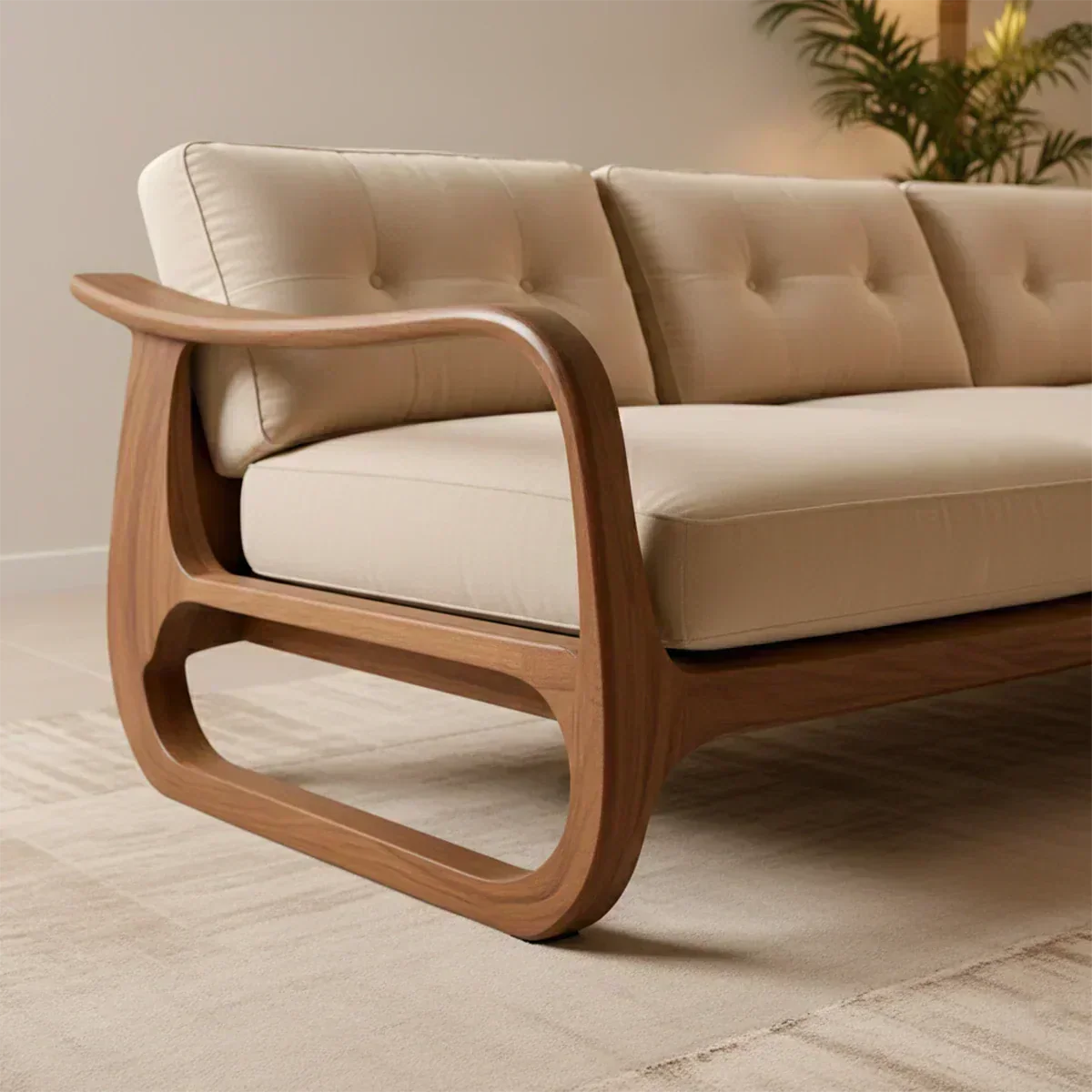 Natural Solid Wood Cotton Sofa – Handcrafted Minimalist Rustic Style - Woodenecho