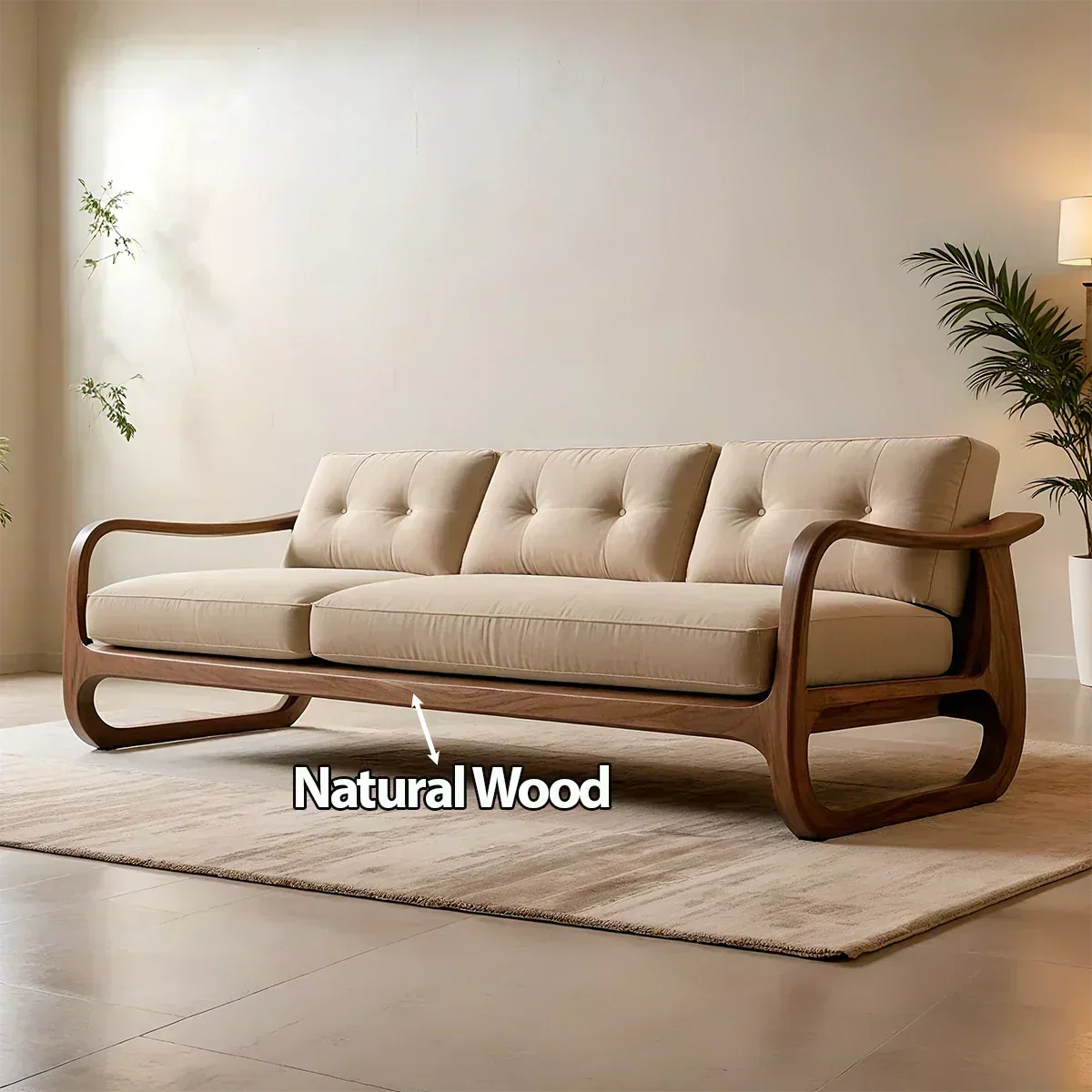 Natural Solid Wood Cotton Sofa – Handcrafted Minimalist Rustic Style - Woodenecho
