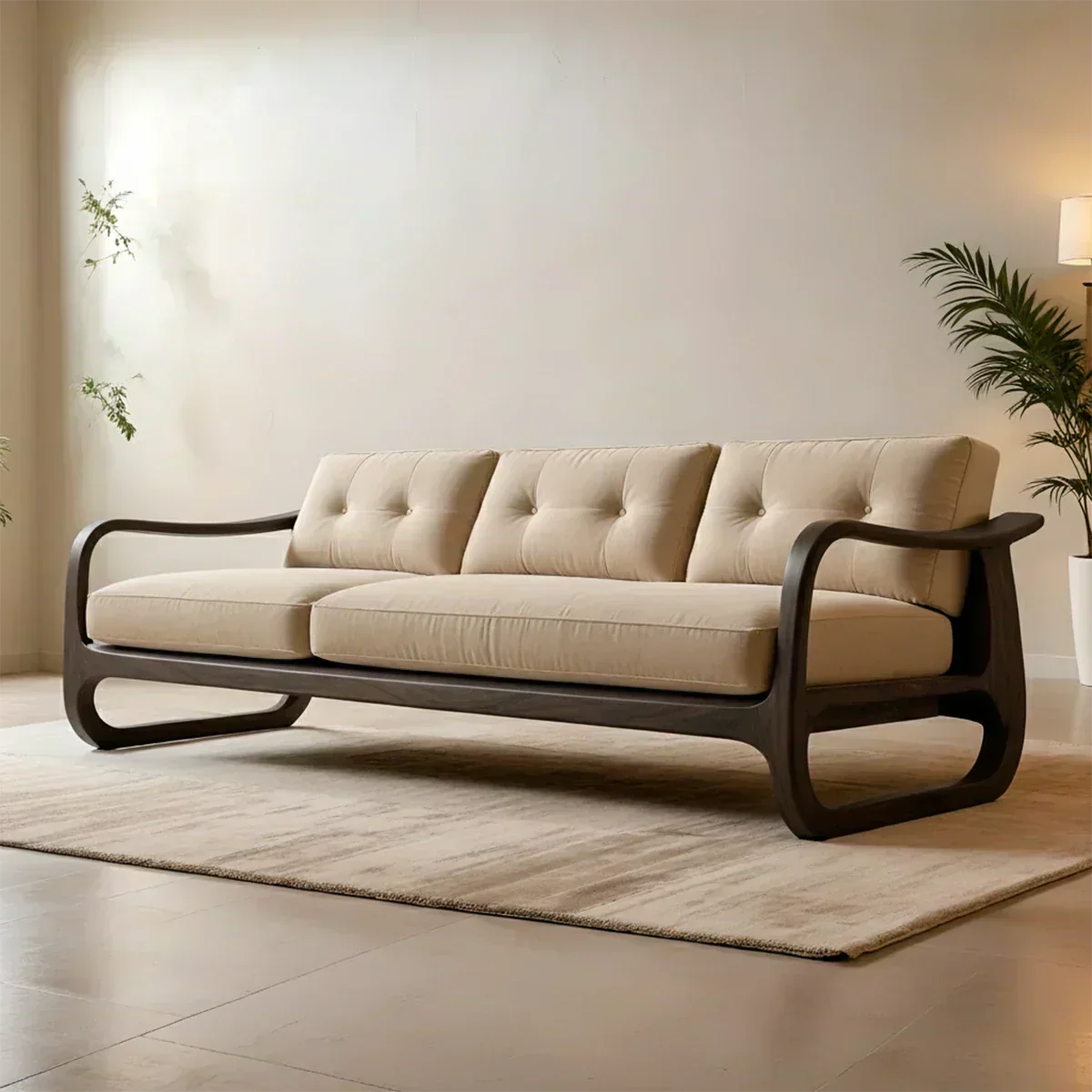 Natural Solid Wood Cotton Sofa – Handcrafted Minimalist Rustic Style - Woodenecho