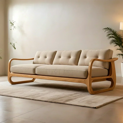 Natural Solid Wood Cotton Sofa – Handcrafted Minimalist Rustic Style - Woodenecho