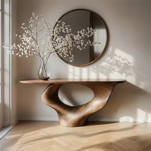 Natural Solid Wood Curved Sculptural Console – Japandi Modern Elegance - Woodenecho