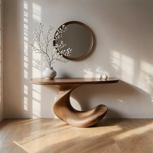 Natural Solid Wood Curved Sculptural Console in Modern Flow Design - Woodenecho