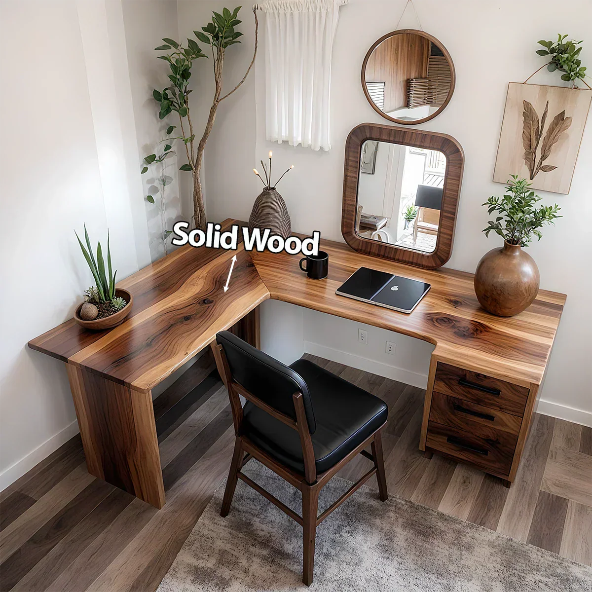 Natural Solid Wood L-Shape Desk with Drawer Cabinet - Rustirawood