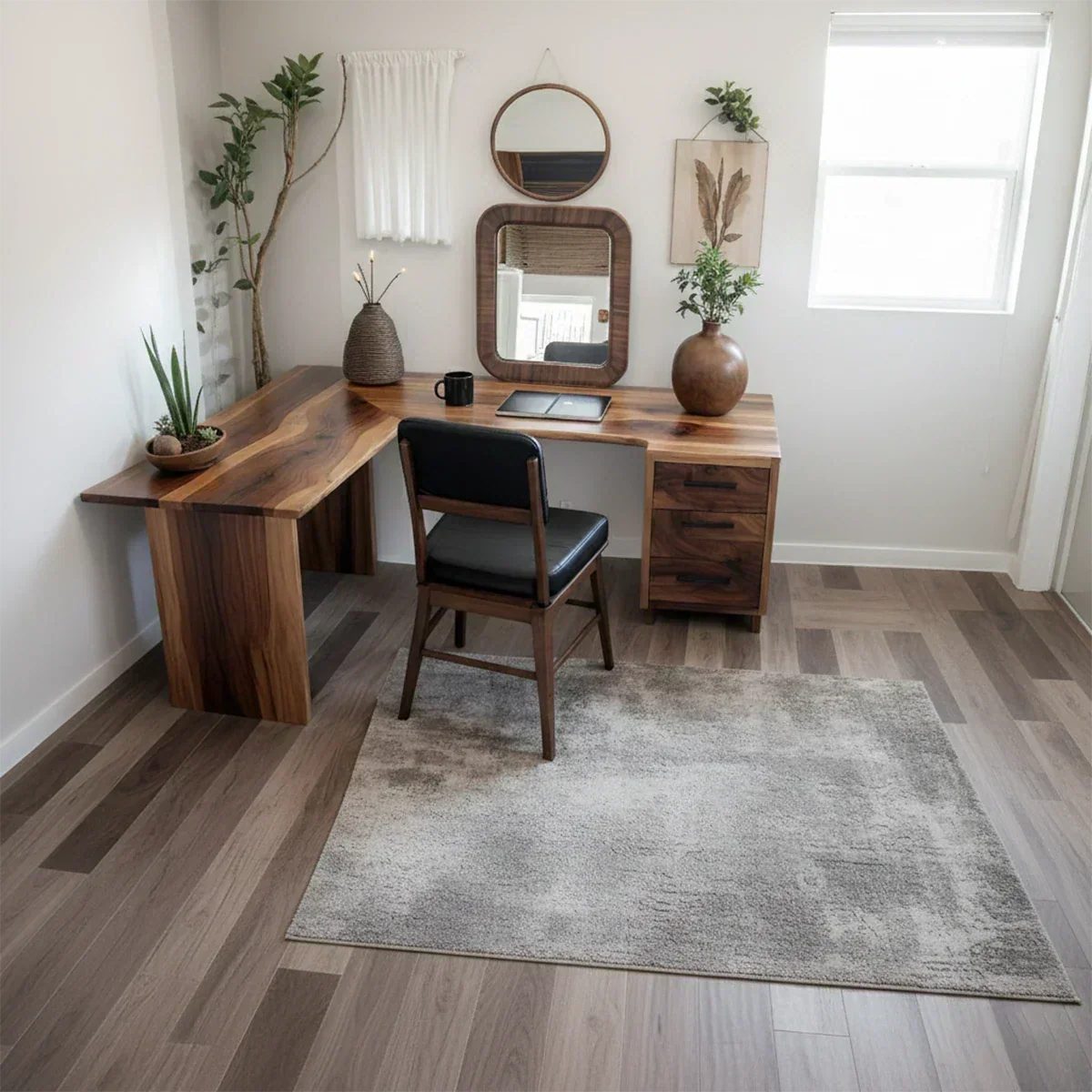 Natural Solid Wood L-Shape Desk with Drawer Cabinet - Rustirawood