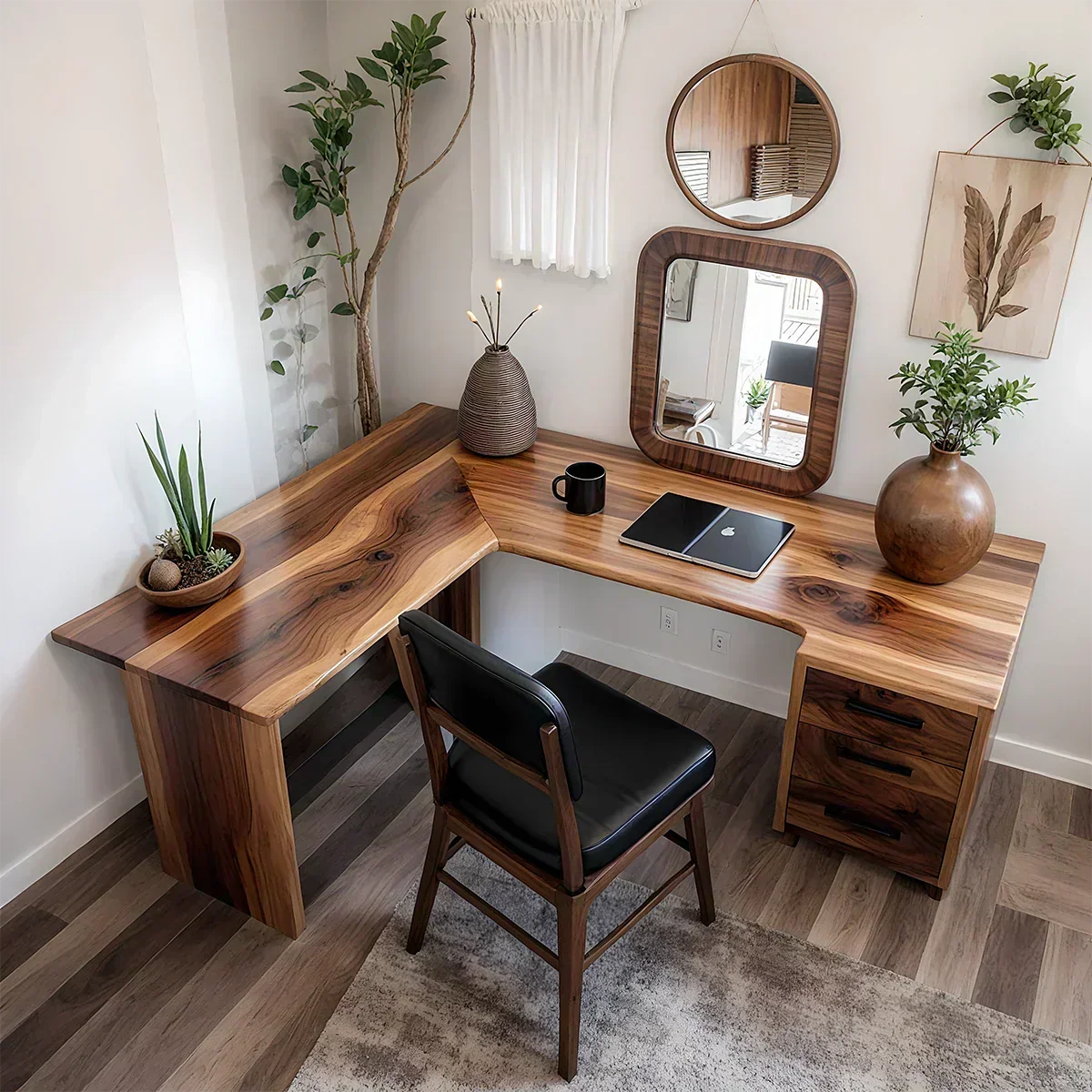 Natural Solid Wood L-Shape Desk with Drawer Cabinet - Woodenecho