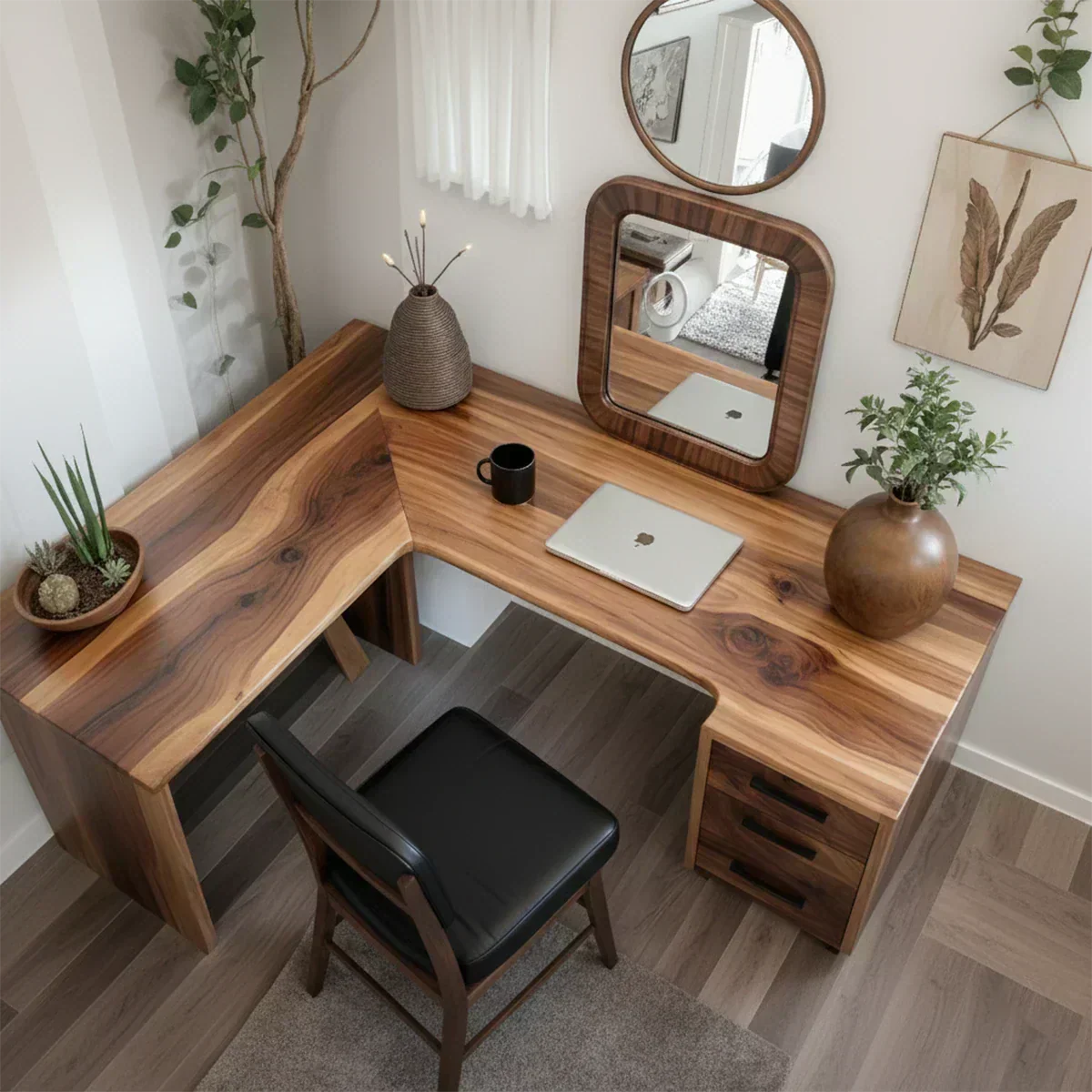 Natural Solid Wood L-Shape Desk with Drawer Cabinet - Woodenecho