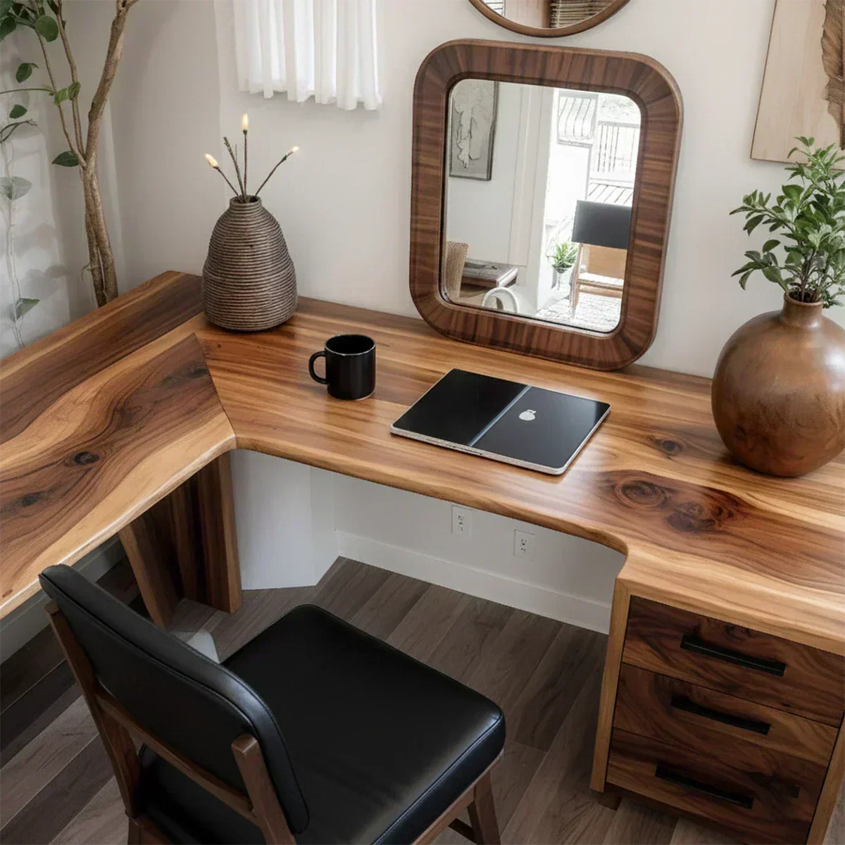 Natural Solid Wood L-Shape Desk with Drawer Cabinet - Woodenecho