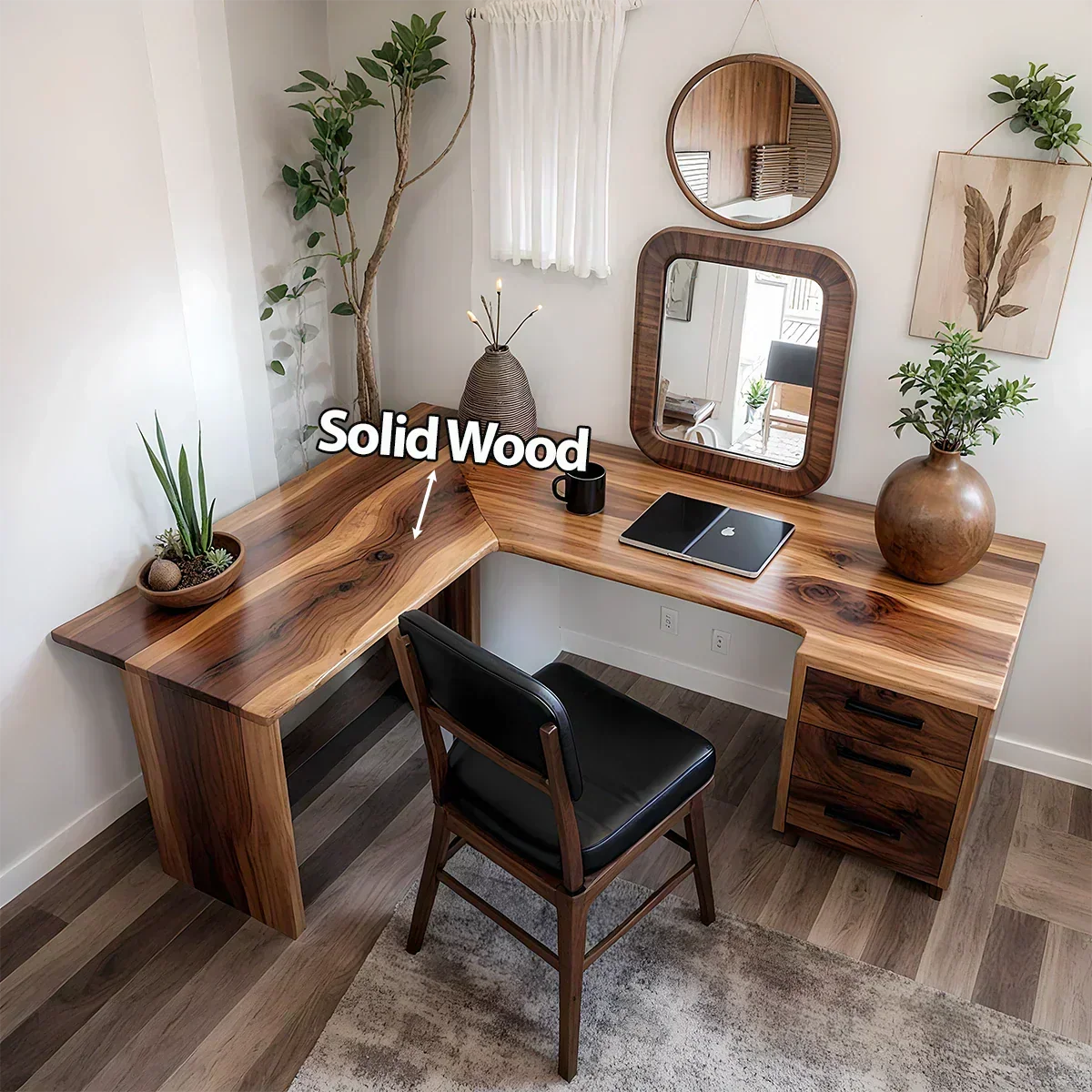 Natural Solid Wood L-Shape Desk with Drawer Cabinet - Woodenecho