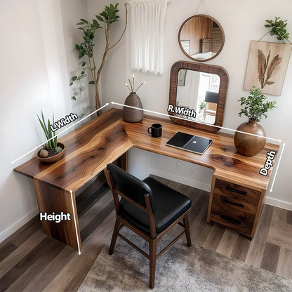 Natural Solid Wood L-Shape Desk with Drawer Cabinet - Woodenecho