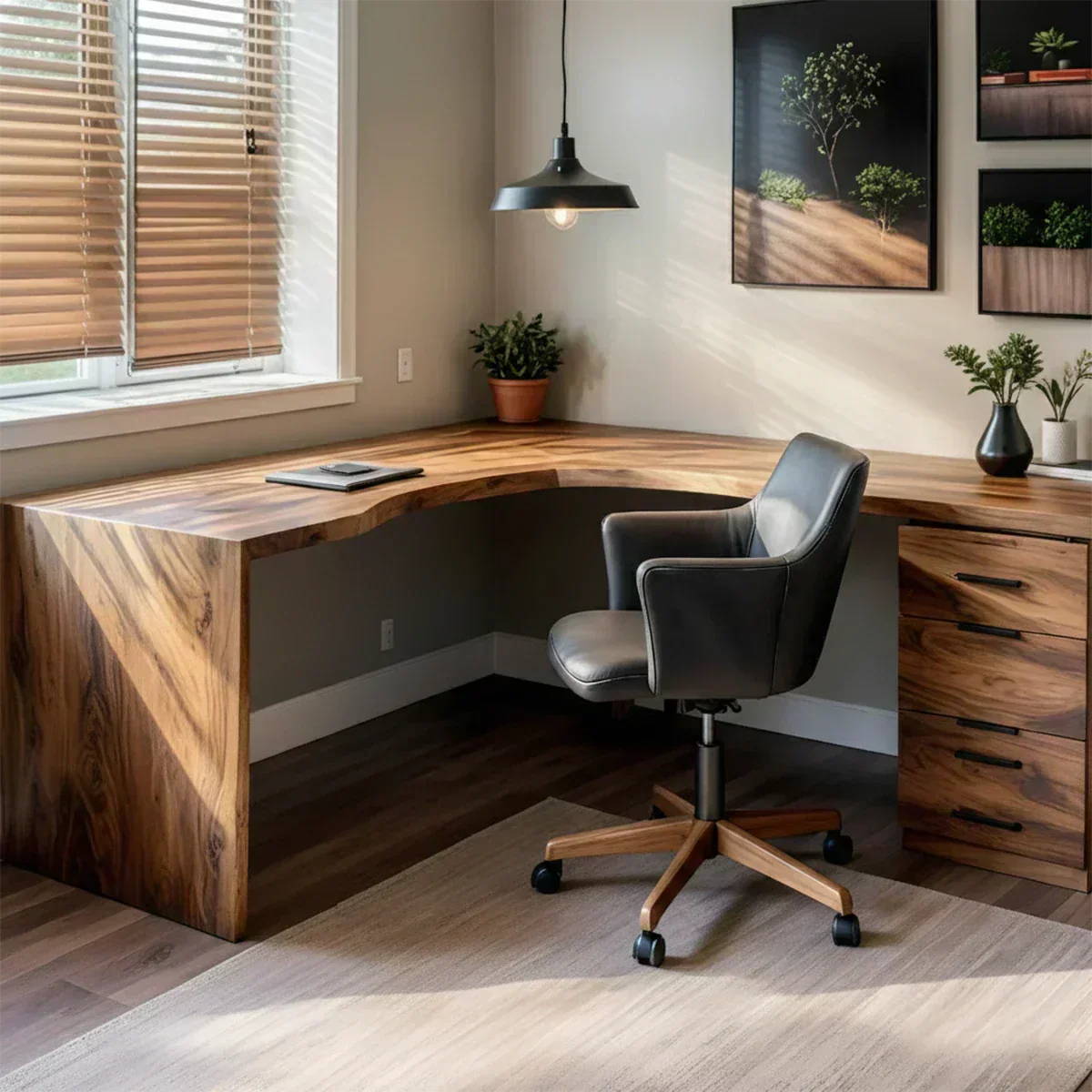 Natural Solid Wood L-Shape Desk with Integrated Storage - Woodenecho