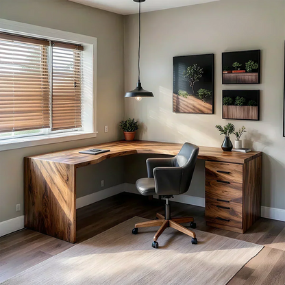 Natural Solid Wood L-Shape Desk with Integrated Storage - Woodenecho