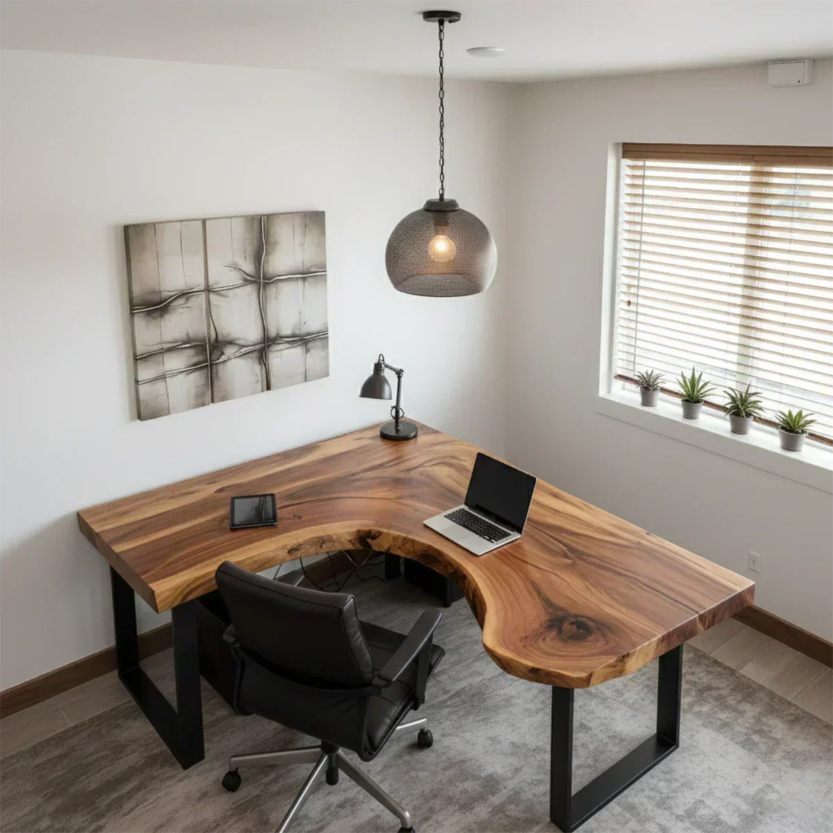 Natural Solid Wood L-Shape Live Edge Desk with Modern Steel Base - Woodenecho