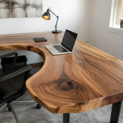 Natural Solid Wood L-Shape Live Edge Desk with Modern Steel Base - Woodenecho