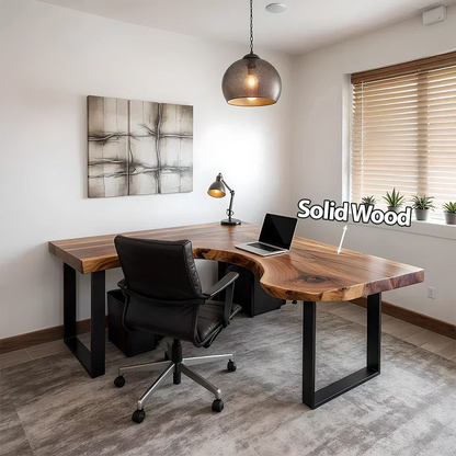 Natural Solid Wood L-Shape Live Edge Desk with Modern Steel Base - Woodenecho