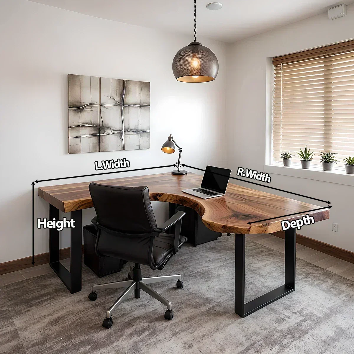 Natural Solid Wood L-Shape Live Edge Desk with Modern Steel Base - Woodenecho