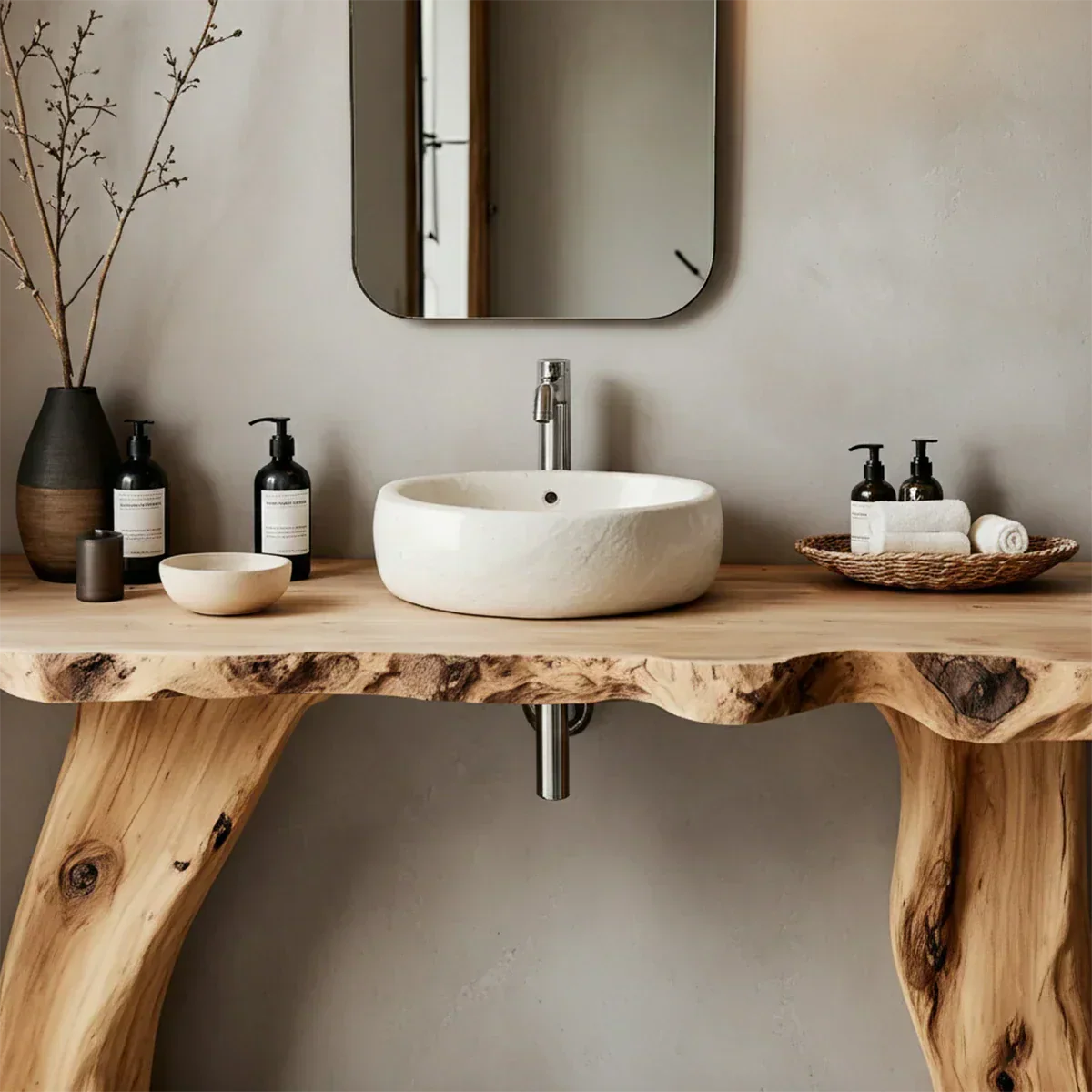 Natural Solid Wood Live-Edge Bathroom Vanity with Organic Sculpted Legs - Rustirawood