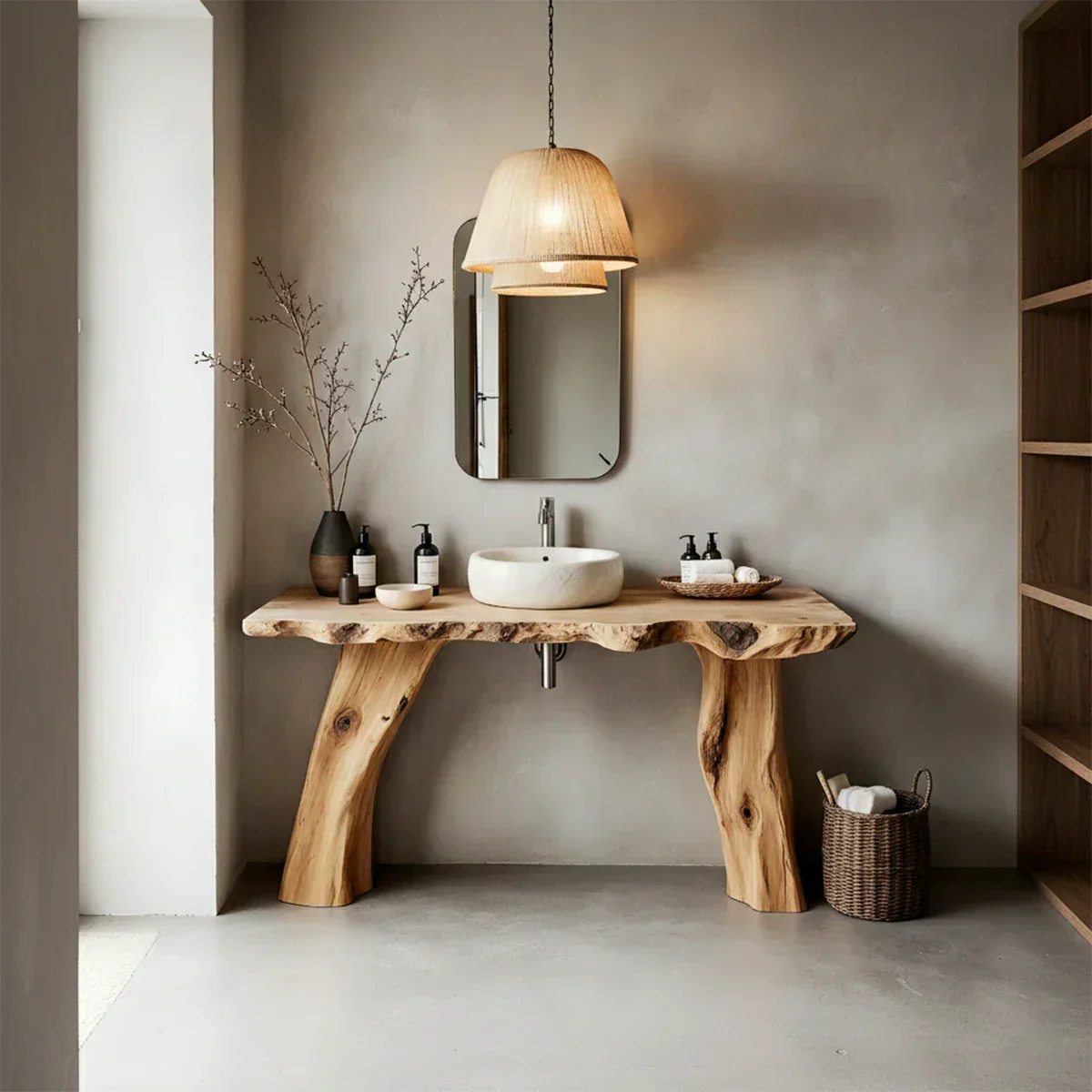 Natural Solid Wood Live-Edge Bathroom Vanity with Organic Sculpted Legs - Rustirawood