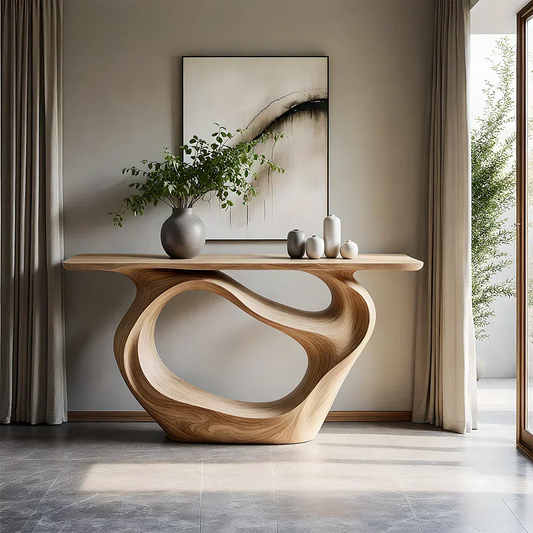 Natural Solid Wood Modern Sculptural Wave Console Table - Woodenecho
