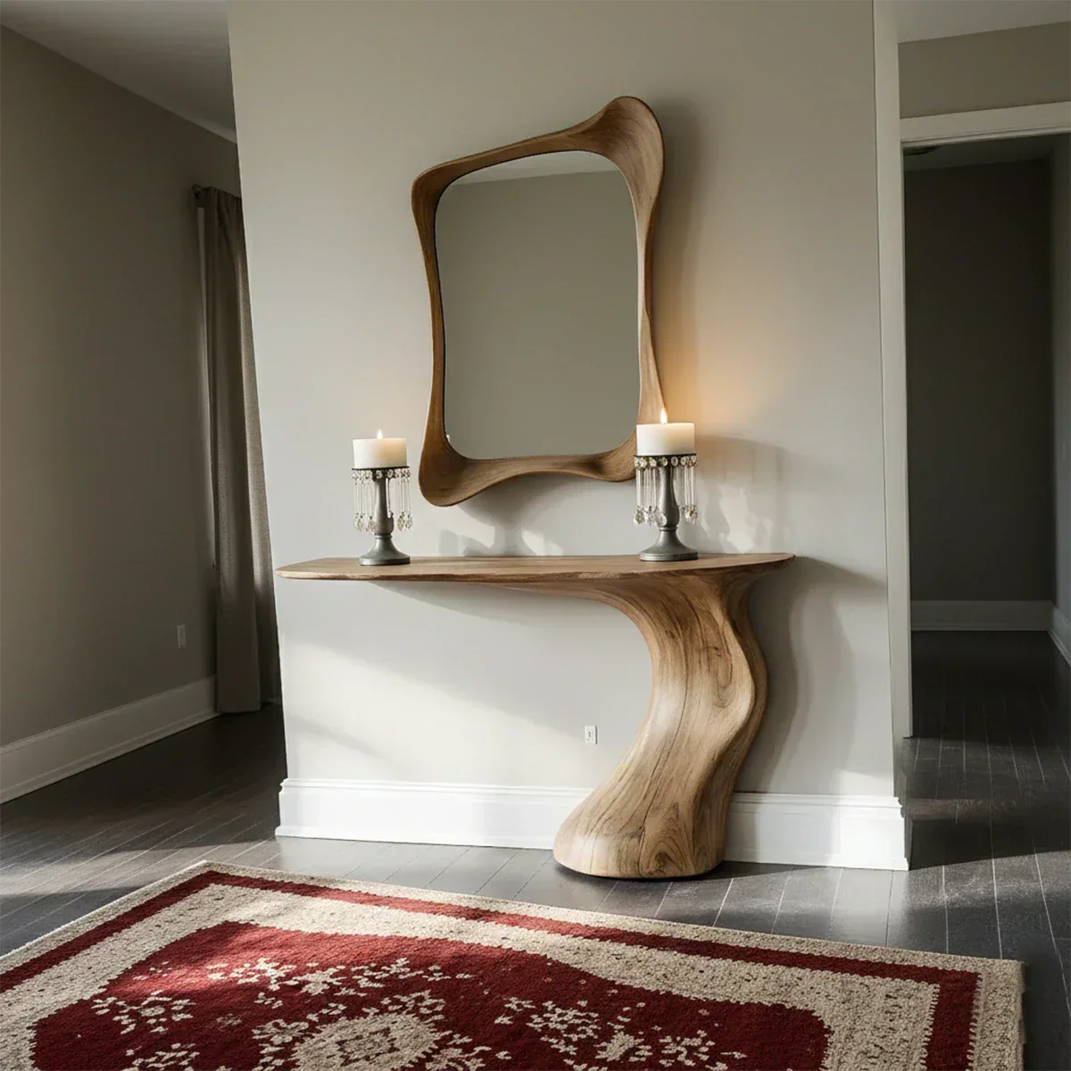 Natural Solid Wood Sculptural Console Table in Modern Wabi-Sabi Form - Rustirawood
