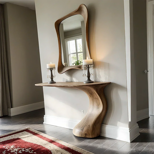 Natural Solid Wood Sculptural Console Table in Modern Wabi-Sabi Form - Woodenecho