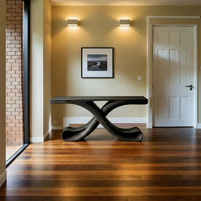 Natural Solid Wood Sculptural Console with Flowing Curved Base – Modern Japandi - Rustirawood