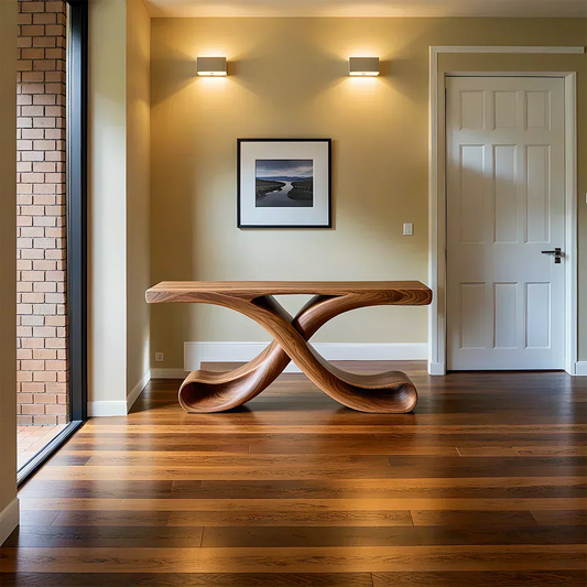 Natural Solid Wood Sculptural Console with Flowing Curved Base – Modern Japandi - Woodenecho