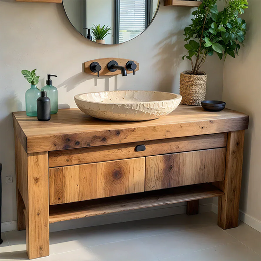 Natural Solid Wood Vanity with Carved Stone Basin - Elitegemse